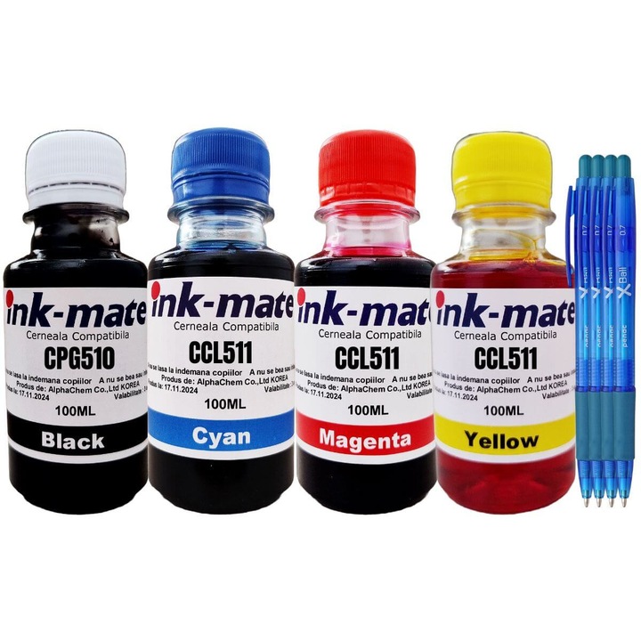 Set Flacon Cerneala Compatibil Canon 1x100ml PG-510 Negru, 1x100ml CL-511 Cyan, 1x100ml CL-511 Magenta, 1x100ml CL-511 Yellow, 4xPix XBall