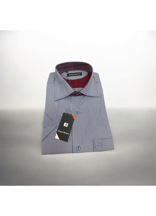 Férfi tengerészkék csíkos rövid ujjú ing, pamut-poliészter, M-es méret (39-40)