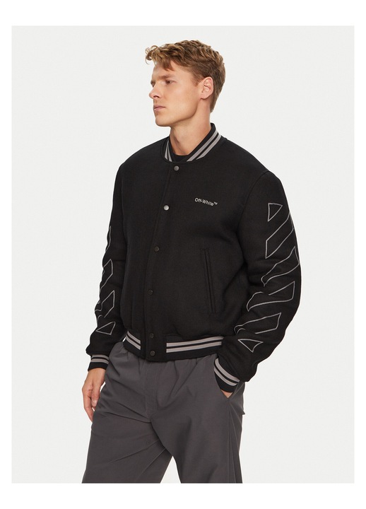 Geaca bomber Barbati, off white, 68% bumbac, 32% lana, negru, S INTL