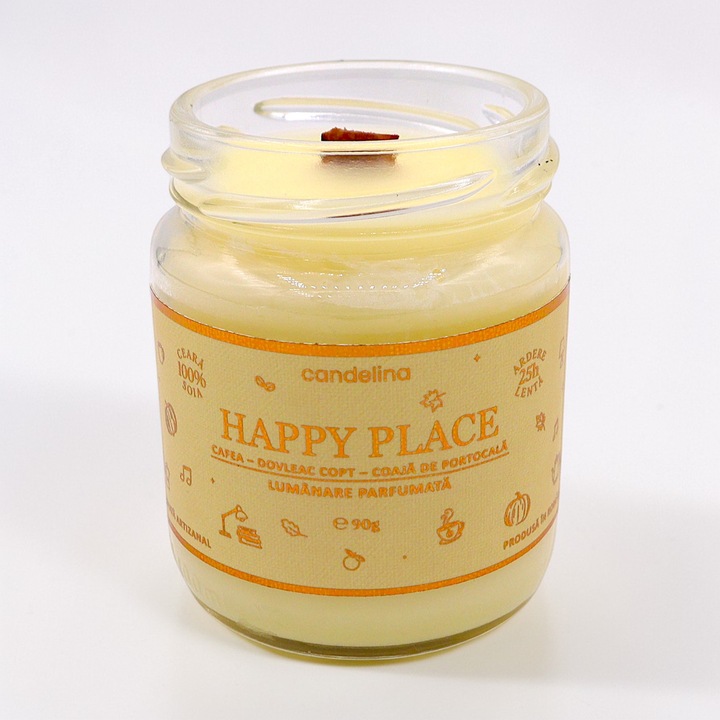 Lumanare parfumata din soia cu fitil lemn, Candelina, HAPPY PLACE – Cafea, Dovleac Copt, Coaja de Portocala, handmade, ceara naturala, ardere 25h, 90 g