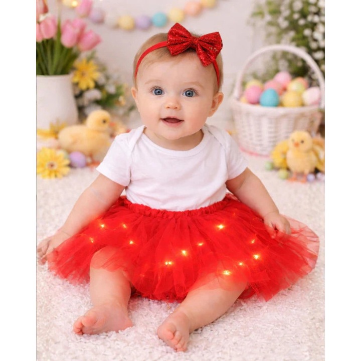 Fustă cu luminițe, roșie, 116-140 cm, tulle, pentru fete