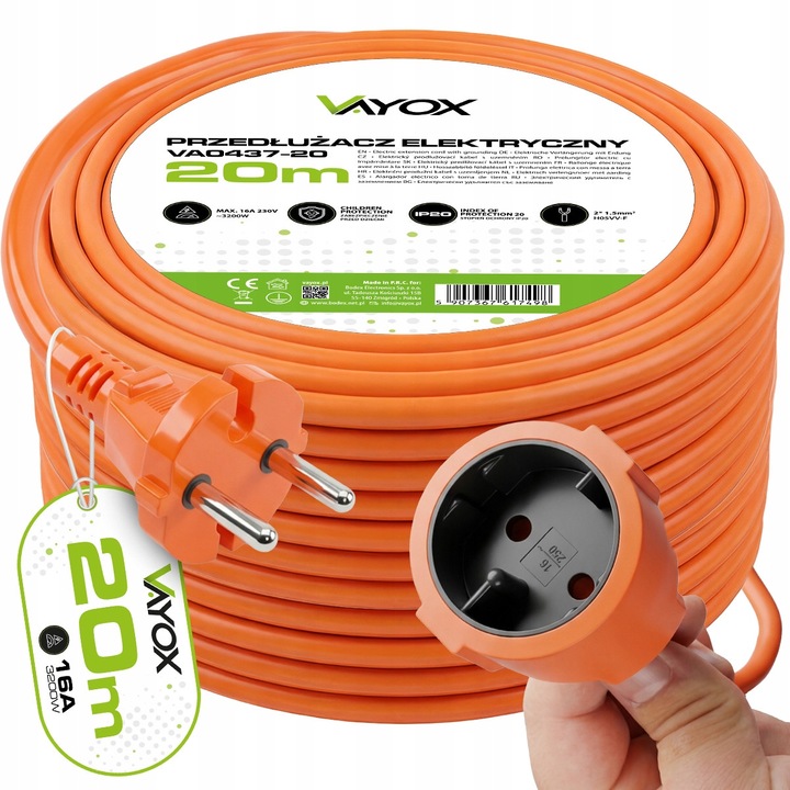 Cablu prelungitor de gradina 20m Vayox VA0437, 1 prize, IP20, cu fisa si priza, dubu contact lateral de protectie, Portocaliu