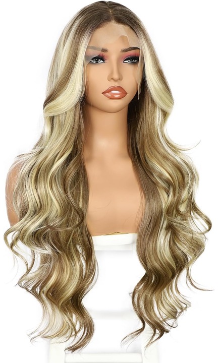 Perucă sintetică ondulată cu dantelă, blond cu șuvițe, 65 cm, multicolor