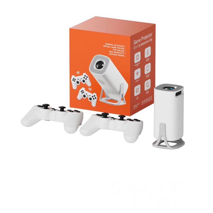 Videoproiector portabil, 30,000+ jocuri preincarcate, Android TV 11.0, 360 ANSI, WiFi si Bluetooth, 1080P HD