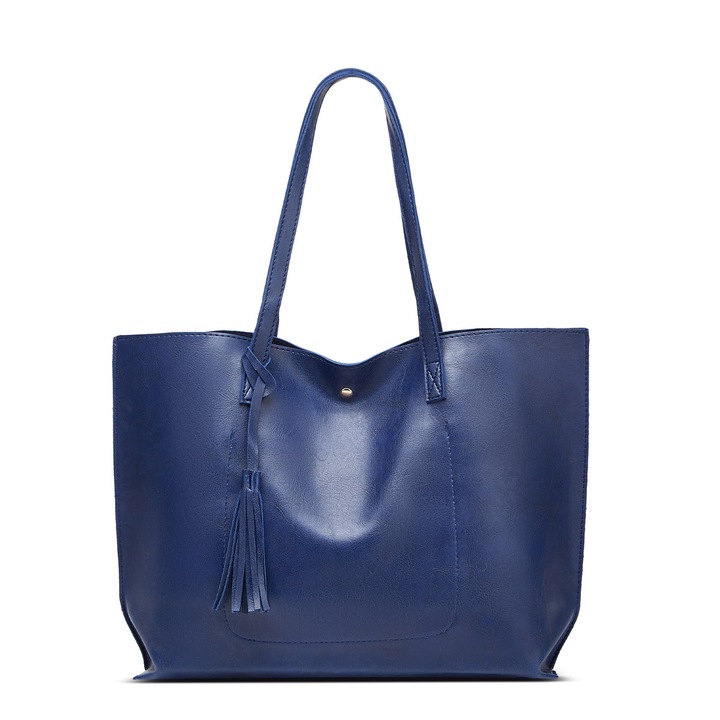Geanta tote din piele lacuita pentru femei, 36x30x11cm, albastru inchis