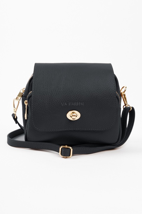Lia Biassoni, Keresztpántos bőrtáska cipzáros külső zsebekkel, Fekete