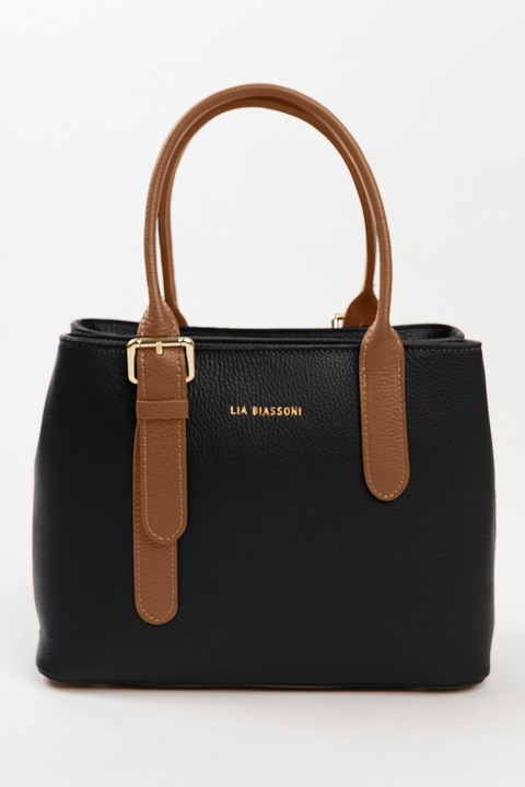 Lia Biassoni, Geanta de piele cu maner si imprimeu logo, Negru, Caramel