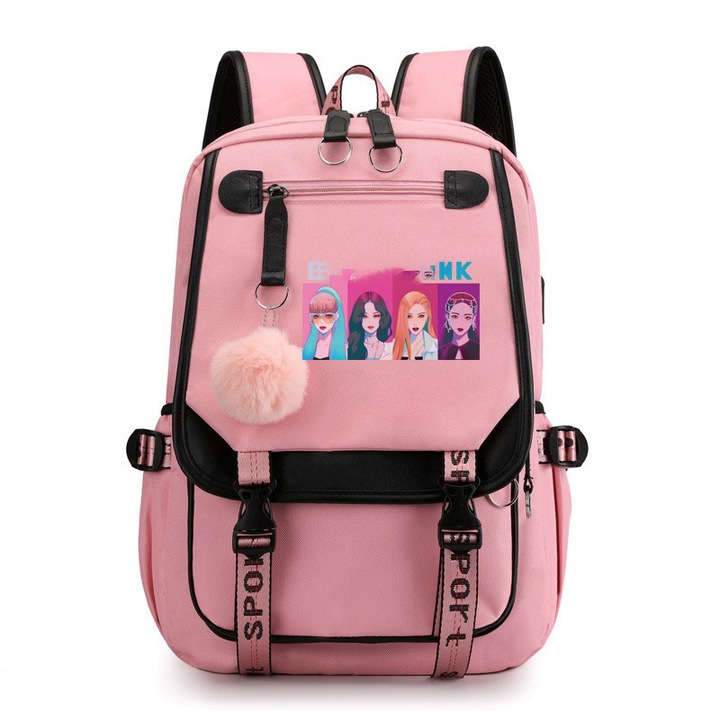 Rucsac Blackpink, stil coreean, cu port USB, roz, 26 inch