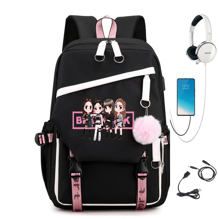 Rucsac USB Blackpink, negru/roz, 26 inch
