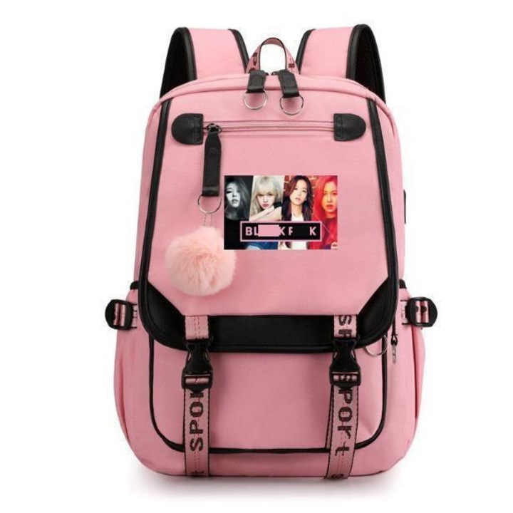 Ghiozdan Blackpink, stil coreean, roz, 26 inch, cu USB
