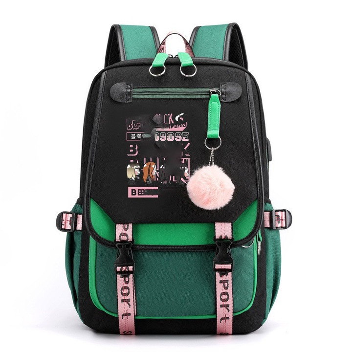 Rucsac dama Blackpink, stil coreean, design USB, graffiti negru si verde, 26 inch