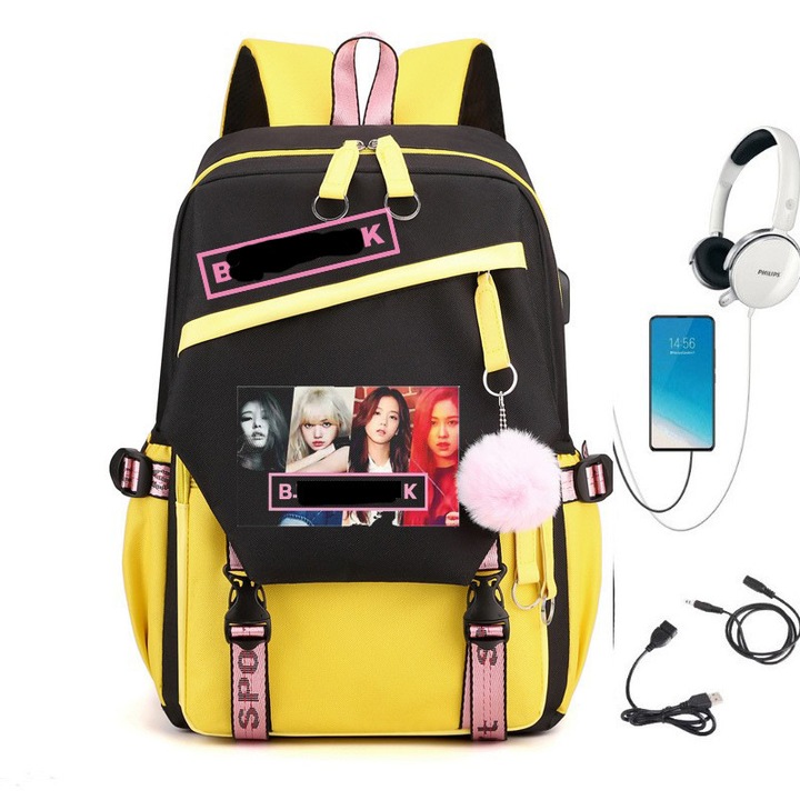 Ghiozdan Blackpink stil coreean cu USB, galben, 26 inch