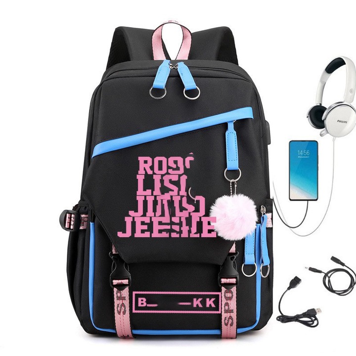 Rucsac Blackpink, stil coreean, cu USB, multicolor, 26 inch