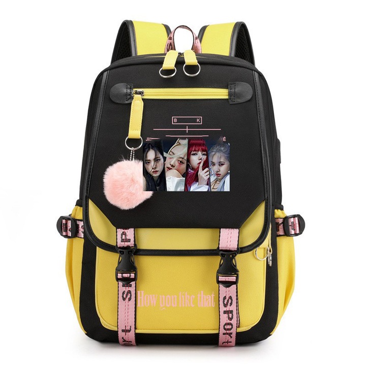 Ghiozdan Blackpink, stil coreean, design USB, negru si galben, 26 inch