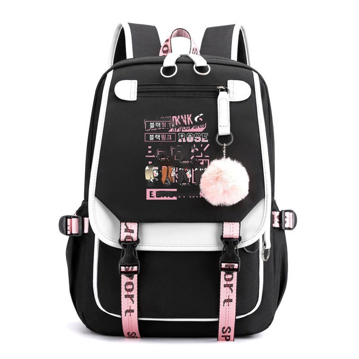 Rucsac dama, Blackpink, stil coreean, design USB, graffiti alb-negru, 26 inch