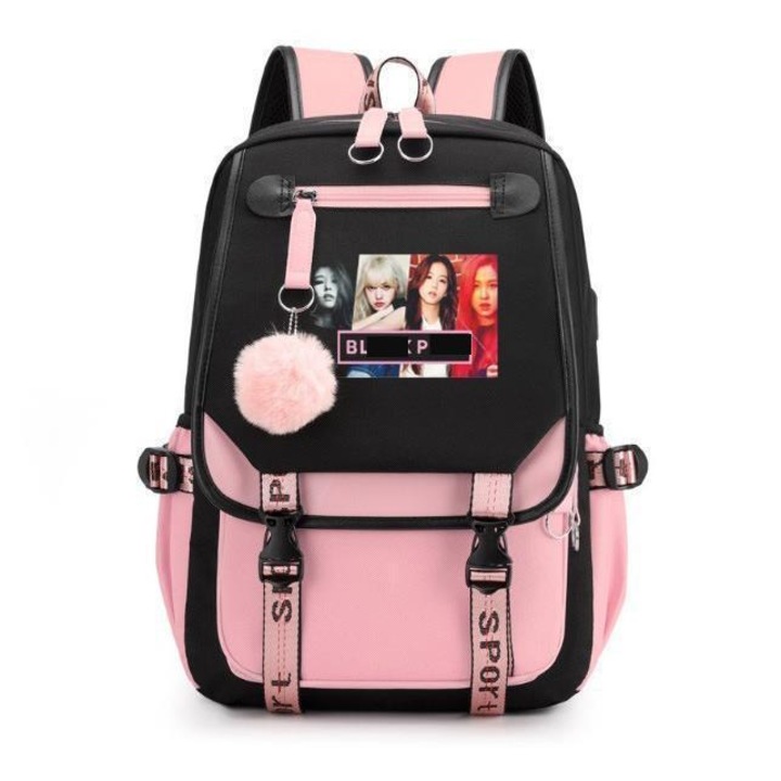 Ghiozdan Blackpink, stil coreean, cu USB, negru si roz, 26 inch