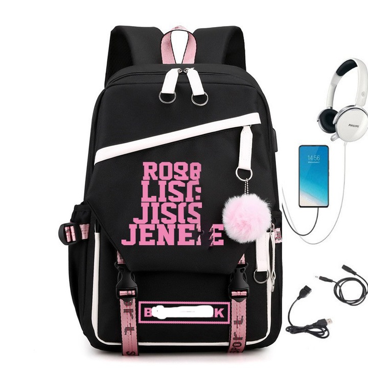 Rucsac Blackpink stil coreean cu USB, negru/roz, 26 inch