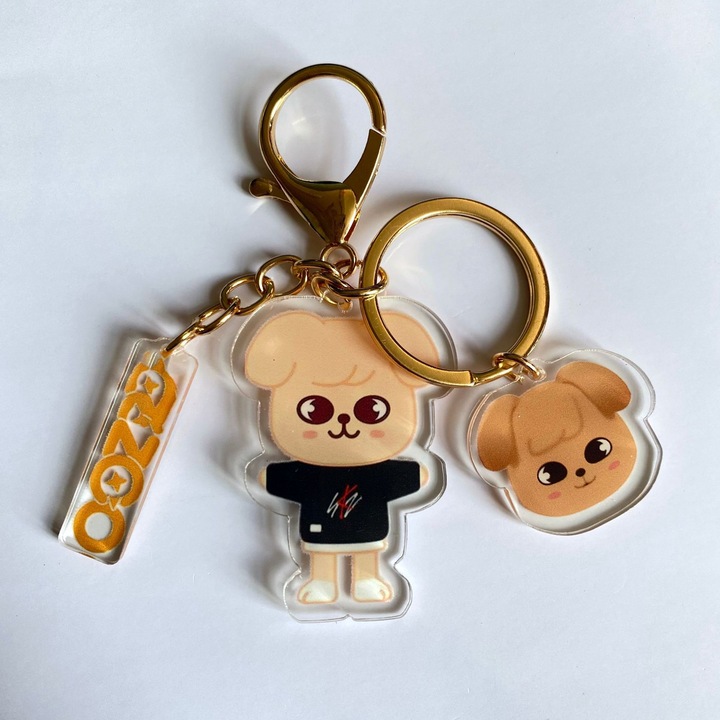 Breloc dublu fata Stray Kids, design caine, aurie