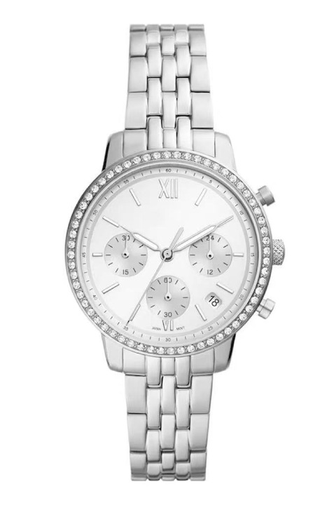 Ceas cronograf femei, Youkly, inox, cristale, argintiu