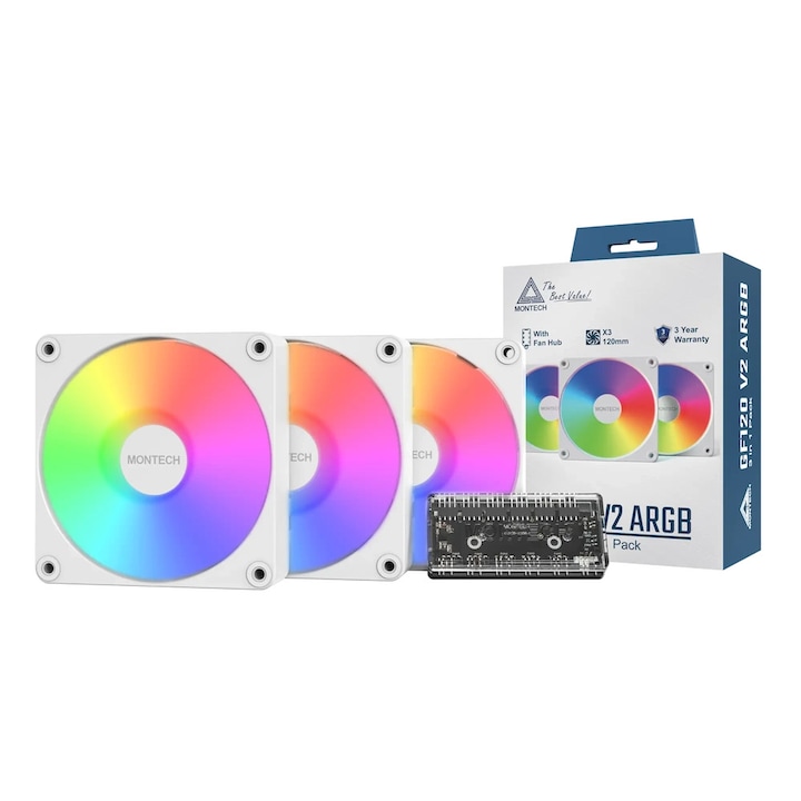 Kit 3 ventilatoare PC 120mm, Montech GF120 V2, PWM, ARGB, Alb