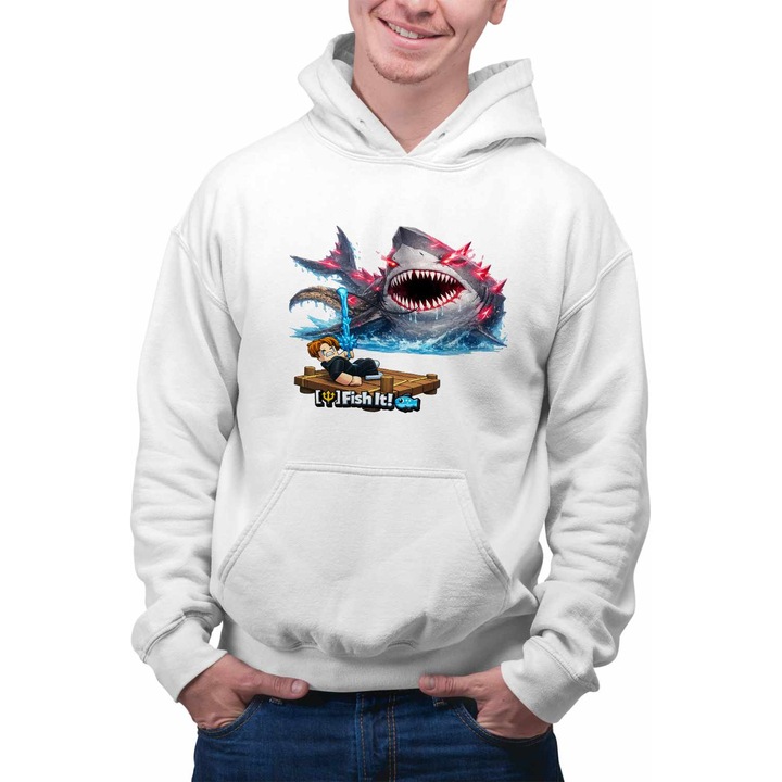 Hanorac Personalizat Barbati Pescar Roblox Rechin Sea Monster Pescar, alb, marime 3XL