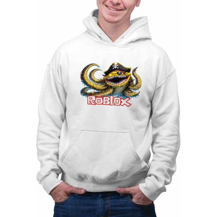 Hanorac Personalizat Barbati Roblox Fish it Huggy Wuggy Pirat Sea Monster, alb, marime M