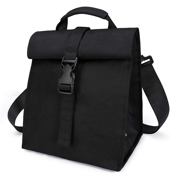 Geanta termo-izolanta, neagra, 23x15x22cm, tip crossbody/handbag, pliabila, rulabila