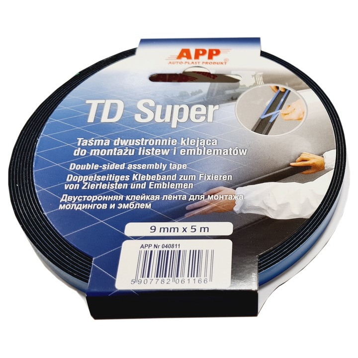 Banda dublu adeziva APP 9mm x 5m, neagra, rezistenta la UV si umiditate
