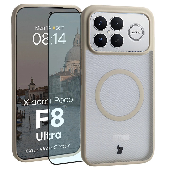 Set Husa compatibil cu Magsafe + Sticla de protectie Bizon MatteO Pack pentru Xiaomi POCO F8 Ultra, Colorata cu rama bej