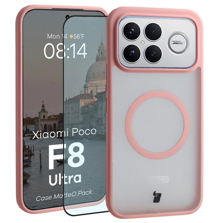 Set Husa compatibil cu Magsafe + Sticla de protectie Bizon MatteO Pack pentru Xiaomi POCO F8 Ultra, Colorata cu rama roz deschis