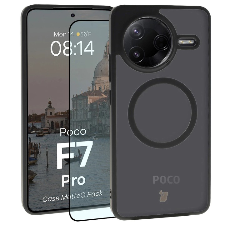 Set Husa compatibil cu Magsafe + Sticla de protectie Bizon MatteO Pack pentru Xiaomi POCO F7 Pro, Colorata cu rama neagra