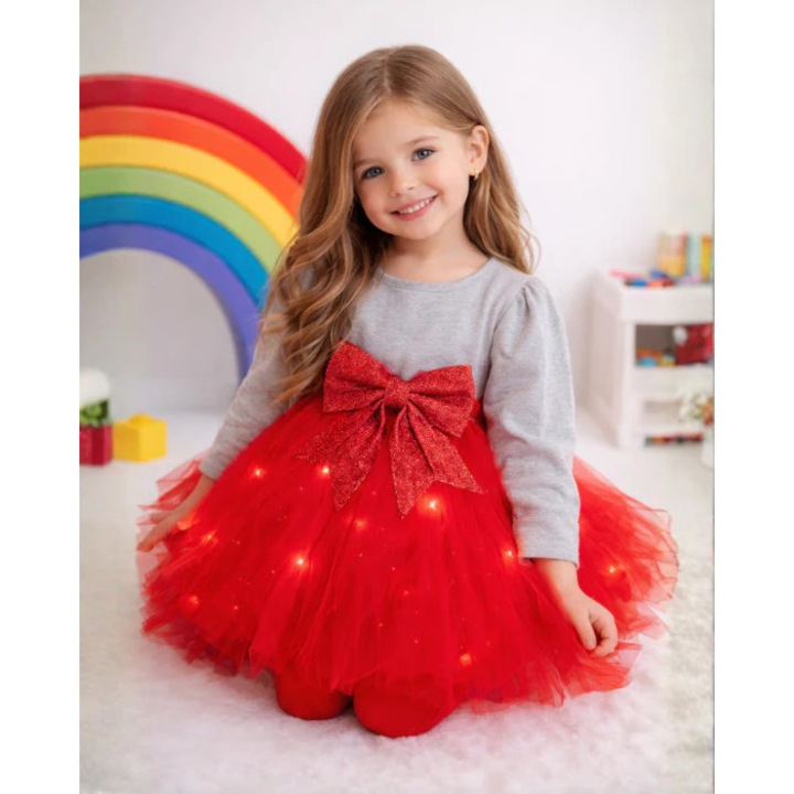 Fustita cu Luminite, Rosie cu Fundita cu Sclipici Detasabila