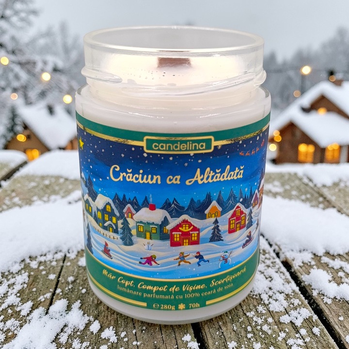 Lumanare parfumata din soia cu fitil lemn, Candelina, CRACIUN CA ALTADATA – Mar Copt, Compot de Visine, Scortisoara, handmade, ceara naturala, ardere 70h, 280 g