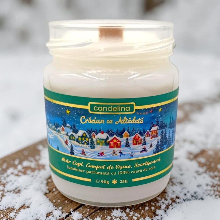 Lumanare parfumata din soia cu fitil lemn, Candelina, CRACIUN CA ALTADATA – Mar Copt, Compot de Visine, Scortisoara, handmade, ceara naturala, ardere 25h, 90 g