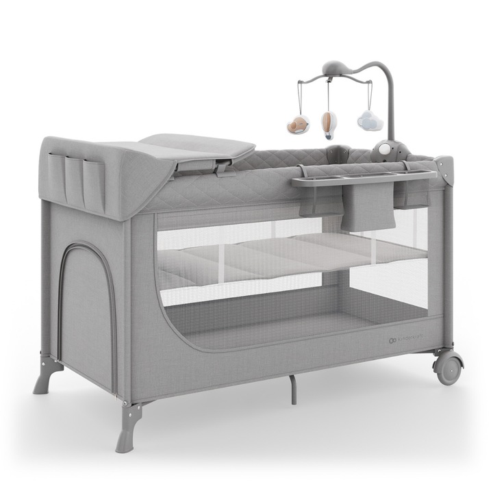 Patut pliabil pentru bebelusi Kinderkraft LEODY UP, cu accesorii GREY