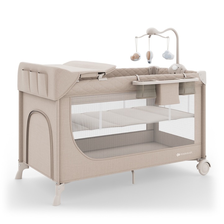 Patut pliabil pentru bebelusi Kinderkraft LEODY UP, cu accesorii BEIGE
