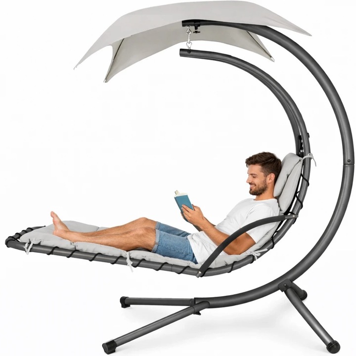 Leagan De Tip Sezlong Suspendat, TOP SCAUNE®, Balansoar Gradina De Tip Sezlong Suspendat Cu Copertina Detasabila, Balansoar Suspendat Cu Perna Groasa Confortabila, Structura Din Otel Rezistent, Leagan De Tip Sezlong Suspendat Pentru Gradina, Alb