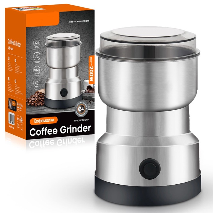 Rasnita electrica, 300g, 200W performanta superioara pentru cafea aromata, macinare rapida, inox, desing modern si efficient, argintiu