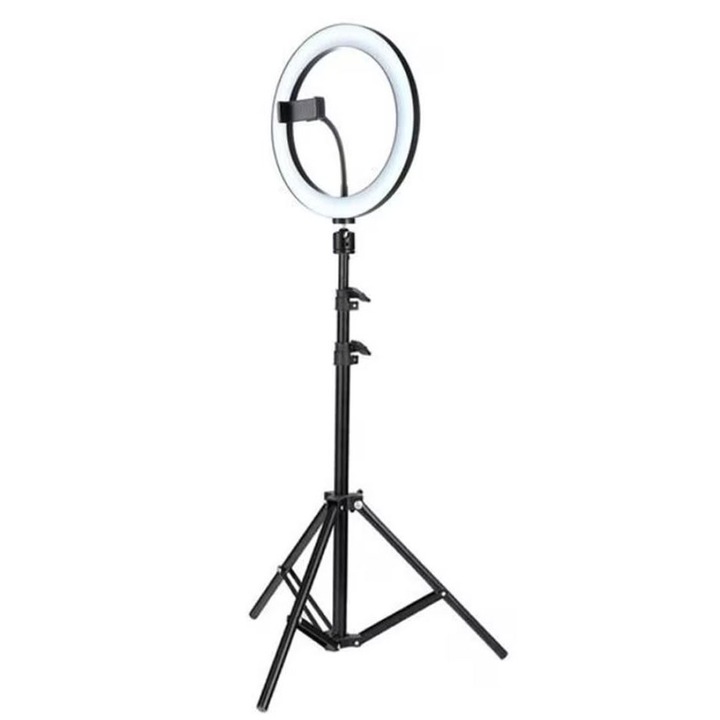 Lampa circulara profesionala RING LIGHT LED, NEXTLY, diametru 36cm, lumina calda/rece/neutra, 9 trepte de lumina, telecomanda pe fir, suport telefon, trepied 210cm