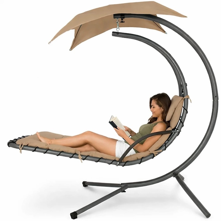 Leagan De Tip Sezlong Suspendat, TOP SCAUNE®, Balansoar Gradina De Tip Sezlong Suspendat Cu Copertina Detasabila, Balansoar Suspendat Cu Perna Groasa Confortabila, Structura Din Otel Rezistent, Leagan De Tip Sezlong Suspendat Pentru Gradina, Maro
