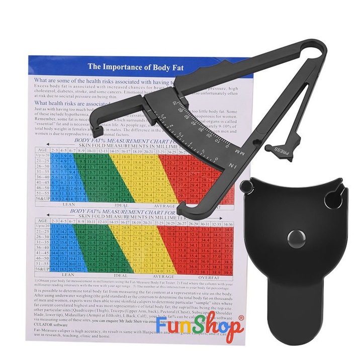 Set 2 Caliper de masurare corporala, 1x Banda de masurat 150cm, 1x Caliper pentru grasime corporala, retractabil, 1x card standard pentru grasime corporala, Pentru fitness, Negru