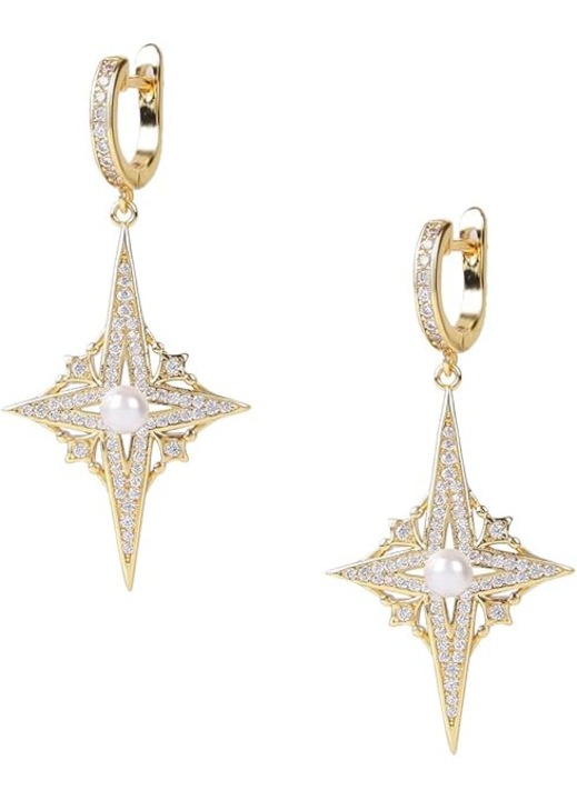 Cercei stea cu perla si pietre zirconia, placat cu aur 18K, hipoalergenic, eleganti si vintage, cadou pentru femei de Ziua Indragostitilor, Craciun, aniversari si ocazii speciale