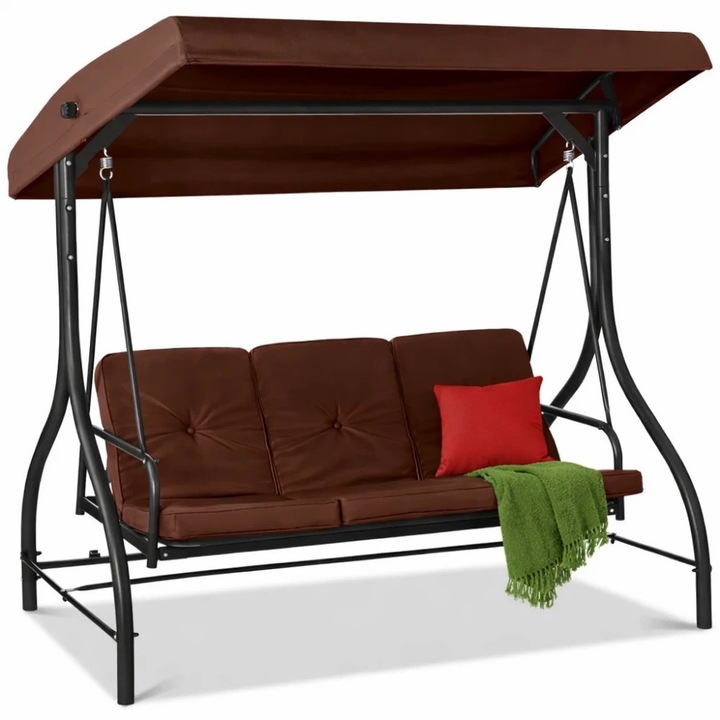 Balansoar Gradina, TOP SCAUNE®, 194x120x173 Cm, Leagan Gradina 3 Locuri Tip Pat, Copertina Reglabila Protectie Soare, Cadru Otel Vopsit, Suspensie Pe Arcuri Rezistente, Baza Stabilitate Ridicata 340 Kg, Leagan Gradina Confortabil Pentru Relaxare, Maro