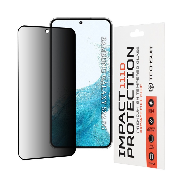 Folie telefon Techsuit Privacy Full Glue Negru pentru Samsung Galaxy S22 5G/S23, Sticla securizata
