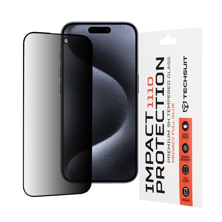 Techsuit iPhone 15 Pro adatvédelmi képernyővédő fólia, edzett üveg, fekete