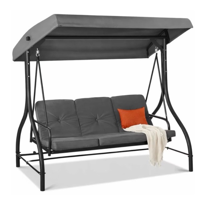 Balansoar Gradina, TOP SCAUNE®, 194x120x173 Cm, Leagan Gradina 3 Locuri Tip Pat, Copertina Reglabila Protectie Soare, Cadru Otel Vopsit, Suspensie Pe Arcuri Rezistente, Baza Stabilitate Ridicata 340 Kg, Leagan Gradina Confortabil Pentru Relaxare, Gri