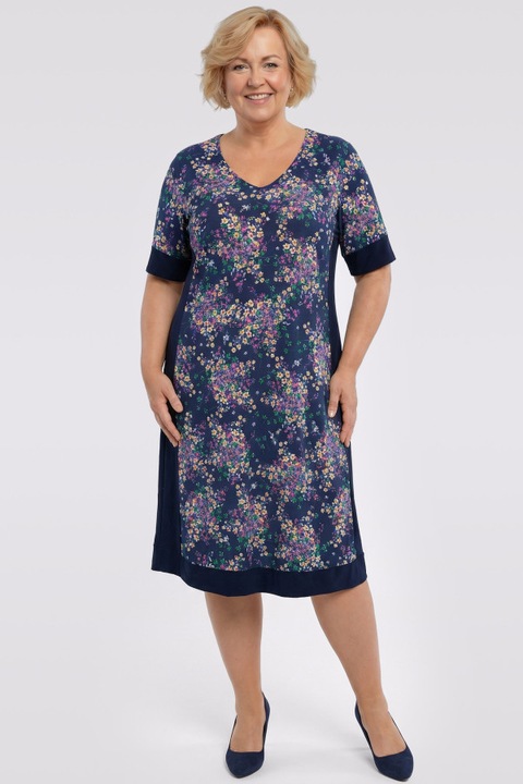 Sötétkék ruha színes virágokkal 48/50