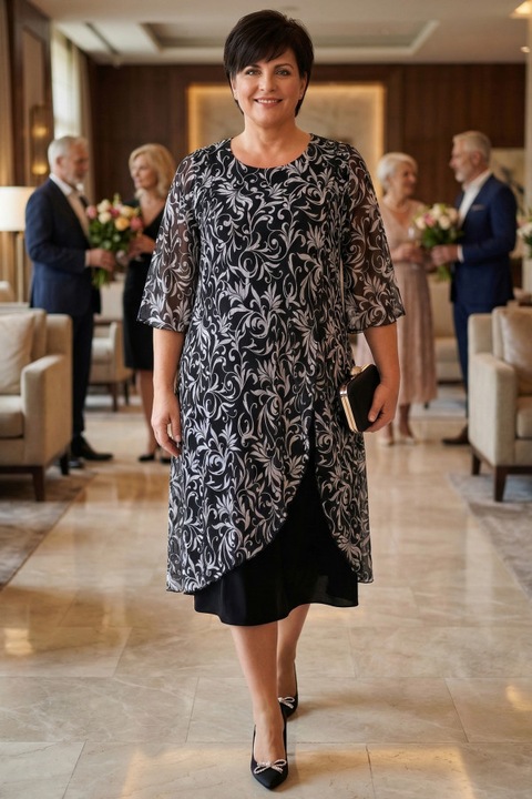 Rochie cu imprimeu alb pe fond negru, Multicolor