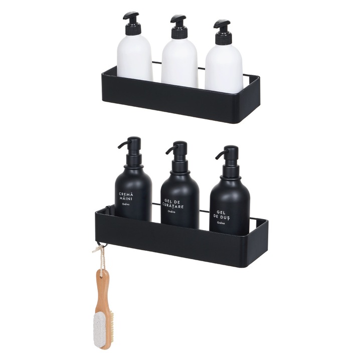 Set 2 rafturi organizare baie, Ordino, autoadezive, design minimalist, montare flexibila, fara gauri, rezistente rugina