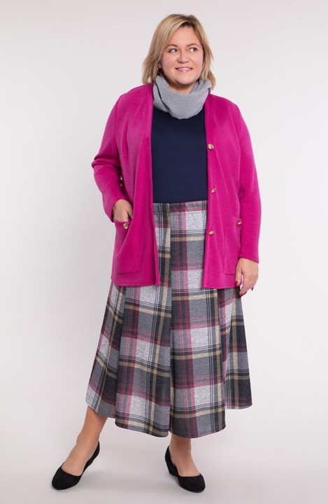 Fustă midi MDR24, carouri gri și roz, talie elastică, multicolor, 62 EU